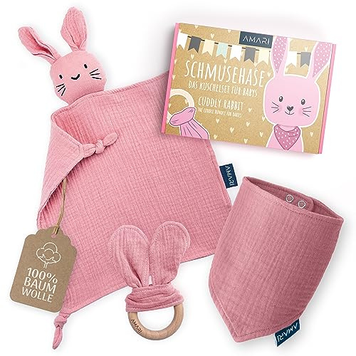Amari ® Schmusetuch (Rosa Hase) mit Beißring und Lätzchen, Geburt für Junge und Mädchen - Baby Geschenk Neugeborene - Schnuffeltuch Babygeschenke Set zur Babyparty