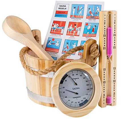 Saunify Lot de 5 seaux de sauna en pin avec insert en PVC, seau avec louche, sablier, thermo-hygromètre
