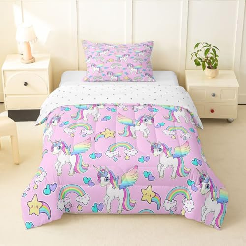 jejeloiu Unicorn Comforter Twin Size Girls Cute Unicorn Comforter Set for Boys Girls Children Rainbow Dreamy Horse Printed Bedding Set Room Decor Pink