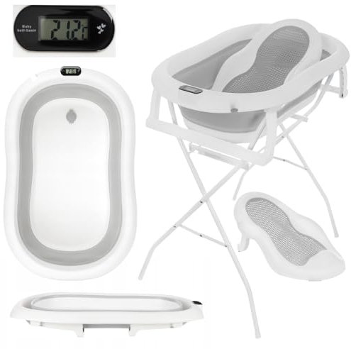 Primabobo Baignoire pour bébé pliante 80cm avec coussin, support baignoire pour bébé, baignoire pliable avec thermomètre et siège de bain (Gris)