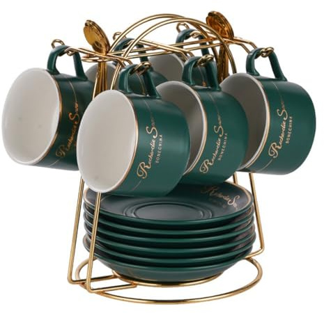 HSTWODE-cappuccino koppar set koppar och tefat med 6 (150 ml), lyxig tekopp set med gyllene trim, kaffekopp med handtag, brittiskt kungligt porslinskoppar (mattblå)