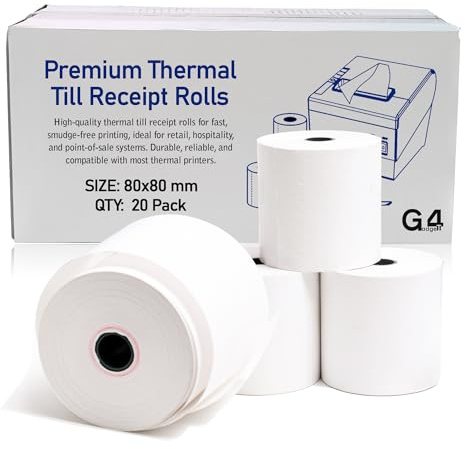 20 Rolls of 80 x 80 Premium Thermal Paper Till Rolls Receipt Roll for Cash Register, POS, Credit Card Machine with Red Warning Strip 265gm Each Roll