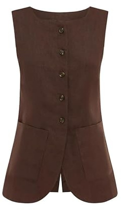 FENXIXIONE Gilet lungo in lino da donna, estivo, casual, a collo alto, con bottoni, senza maniche, con tasca, Marrone, L