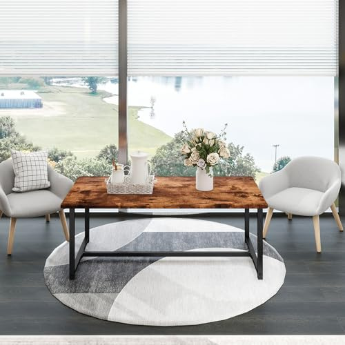 HAHRIR Mesa de café vintage, 90 x 45 x 42 cm, mesa auxiliar de sofá, mesa de salón con espacio de almacenamiento, mesa auxiliar de metal, marco de metal con estante, fácil de montar (marrón)