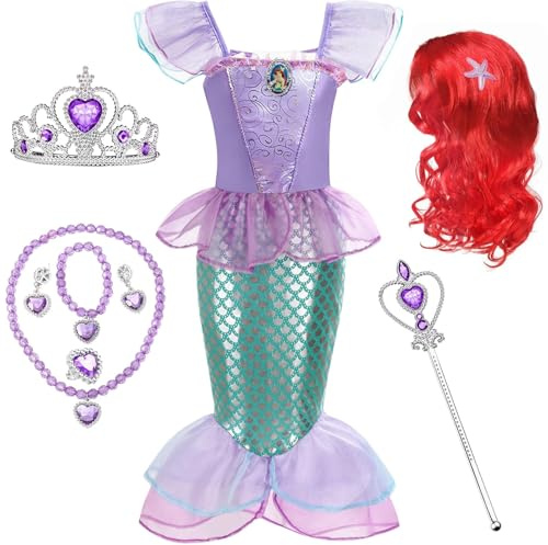 Qunkun Sjöjungfrukostym flicka karneval kostym barn karneval kostym peruk armband par örhängen halsband magisk stav pannband hårband karneval cosplay kostym
