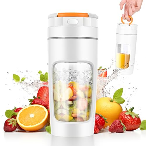 600 ML Blender portable, Mixeur portable pour smoothie, 20000 TR/min Puissant Mixeur Smoothie avec 4 Lames, Mini Mixeur avec Couvercle de Voyage pour Cuisine, Salle de Sport, Bureau (Blanc)