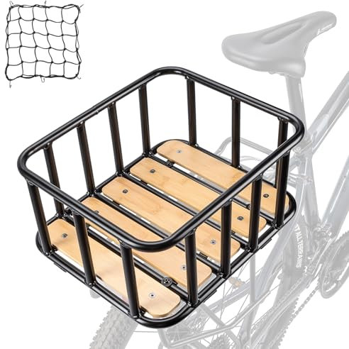 CXWXC Rear Bike Basket - Large Bicycle Rear Basket with Cargo Net and Waterproof Cover, Wooden Base Baskets Rear Large Capacity