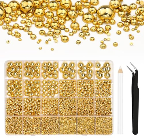 Bouiexye 13000 cuentas de oro con parte trasera plana de 2/3/4/5/6/8/10 mm, perlas semicirculares para bricolaje, manualidades, uñas, zapatos, fundas para teléfono móvil, etc