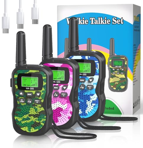 BUKEWIT 3Pack Walkie Talkies for Kids Rechargeable,Upgraded Version Camouflage Exterior 8Channels 2 Way Radio with VOX Function&LED Flashligh,3Miles Range Outside Adventures,Camping Birthday Xmas Gift