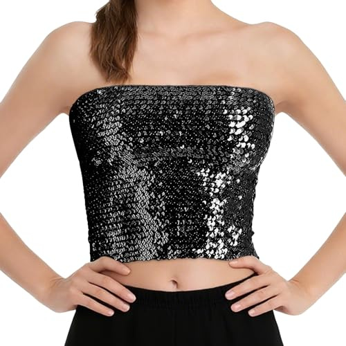Top corto da donna con paillettes scintillanti, a forma di sirena, senza spalline, metallizzato, per feste e discoteche, nero, S/M