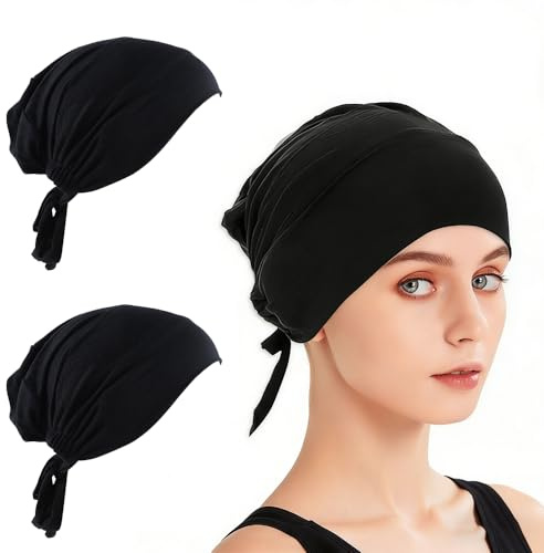 2 Pcs Black Hijab Undercap Skull Caps for Women, Soft Jersey Stretch Beanie Hat with Adjustable Tie Back for Hair Coverage