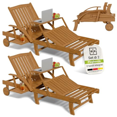 Juskys Set 2 lettini prendisole SunScape in legno di acacia naturale con tavolino regolabile poggiagambe schienale reclinabile pieghevole con ruote 196 x 72,5 x 30 cm