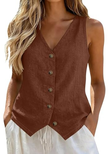 Chaleco de Algodón y Lino para Mujer, Sin Mangas, Cuello en V | Botones Frontales Chaquetas Casual Elegante Ropa Mujer Camisetas Basicas, Ideal Para Oficina y Verano, Sólido y Ajustado