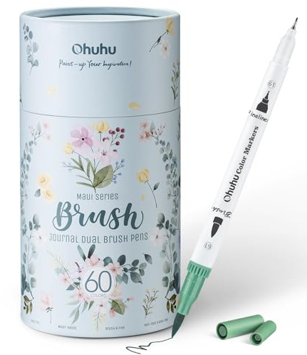 Ohuhu Markers for Adult Coloring Books No Bleeding 60 Colors Coloring Markers Water-based Dual Tips Fineliner & Brush Drawing Pens Art Pens for Kids Adults Sketch Journal - Maui - White