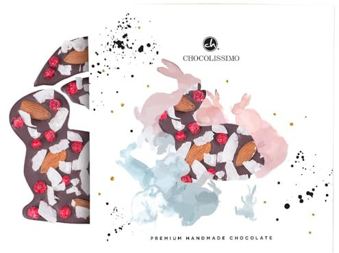 CHOCOLISSIMO - Exklusiver Schokohase mit fruchtiger Note, Mandeln, Kokos & Johannisbeeren, Ostergeschenk für Kinder, Leckere Osterschokolade für Erwachsene, Süße Überraschung für Ostern, Ostertafel