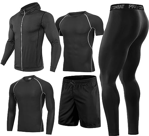 BOOMCOOL 5Pcs Gym Clothes Men Tracksuit Sets Running Wear Compression Shirts Sleeve Tops Jackets Long Suits Leggings Shorts Sports Activewear for Athletic Workouts-2XL