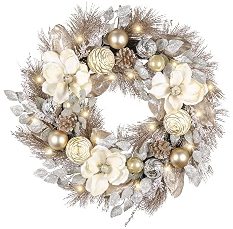 Valery Madelyn 24'' Pre-Lit Christmas Wreath for Front Door with Lights, Collapsible Lighted Outdoor Christmas Wreath with Champagne Gold Xmas Balls Magnolia for Home Fireplace Window Holiday Decor