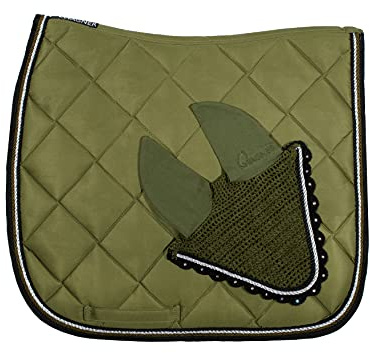 WAGNER Dressur Schabracke mit Fliegenhaube und Strass-Steinen Olive-SCHWARZ