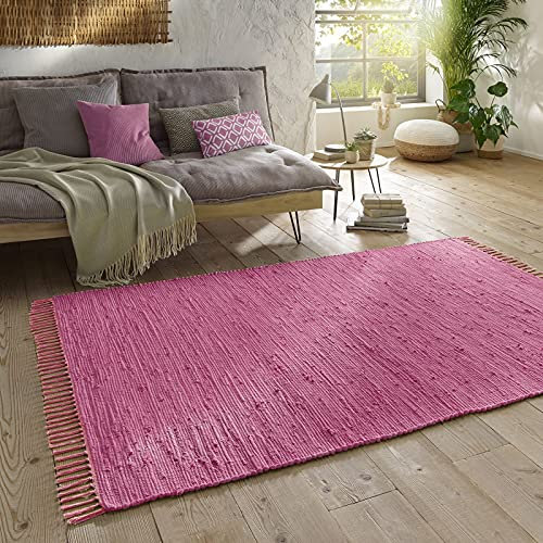 Taracarpet Handwebteppich Läufer Fleckerl Teppich Uni waschbar aus Baumwolle für Wohnzimmer und Küchenteppich 060x120 cm rosa