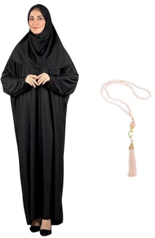 Modish Group Women Prayer Clothes With Hijab Muslim Outfits Long Robe Abaya Turkish Islamic Dresses Dubai Kaftan With Rosary (One Size, Black)