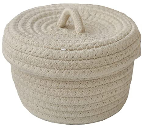 Petit panier de rangement rond en corde de coton tissée unie avec couvercle pour chambre d'enfant, buanderie, chambre à coucher, salle de bain, panier de rangement, panier cadeau pour animal de