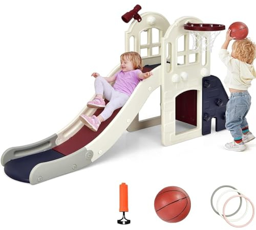 BABY JOY Toddler Large Slide, 6 in 1 Slide for Kids with Basketball Hoop, Ring Toss, 2 in 1 Convertible Climbing Way, Freestanding Kids Slide Climber Set for Indoors Outdoor Boys Girls Gifts Present