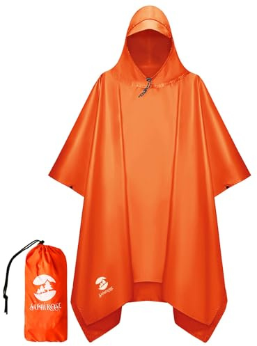 SaphiRose Hooded Rain Poncho Waterproof Raincoat Jacket for Men Women Adults (Orange)