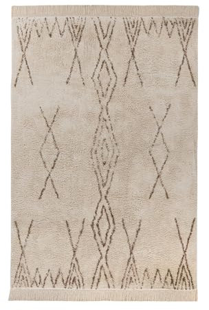 Qiyano Alena Boho Teppich Beige Creme Braun 160 x 230 cm, Flauschiger Hochflor Teppich aus Baumwolle, Wohnzimmer & Schlafzimmer, Strapazierfähig, Florhöhe ca. 15 mm
