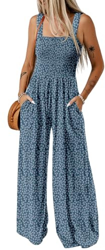 Dokotoo Loose Jumpsuits for Women Overalls Oversized Solid Color Wide Leg One Piece Sleeveless jumpsuit Long Pant Romper with Pockets 2026 Fashion Blue Printed L