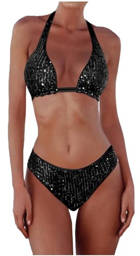 Costume Bikini Triangolo Multicolor con Paillettes Costume da Bagno Bikini A Triangolo Multicolore con Paillettes da Donna Bikini Donna Mare Fascia Brasiliano Sexy (Black, L)