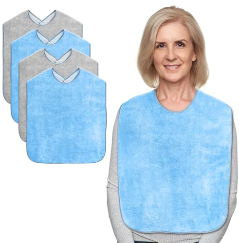 Lunluarai Adult Bibs for Men and Women 4 Packs, Reusable Terry Bibs for Elderly Senior, Waterproof Towel for Adults (Grey+Blue)
