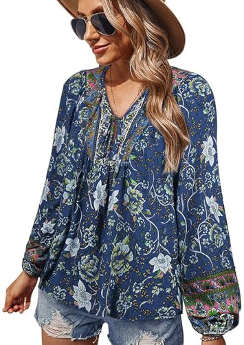 CNTSFS Femme Blouse Élégante Casual Boho Col en V Floral Imprimée Tunique Lâche Manches Longues Femme Été, bleu marine, XL