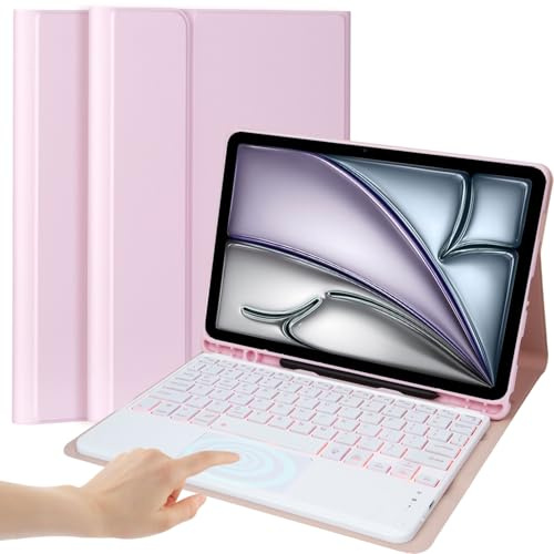 EHLCYS Keyboard Case for iPad Air 13-inch (M2, 2024) & iPad Pro 12.9 (6th/5th/4th/3rd Gen), Löstagbart 7-Färgs Bakgrundsbelyst Bluetooth-Tangentbord Med Styrplatta, Med Pennhållare,Pink