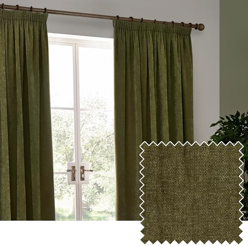 Yard furn Heavy Chenille Pencil Pleat Curtain Pair – Lined Room Darkening Soft Velvet Curtains (Olive - Width 117 x Drop 137cm)