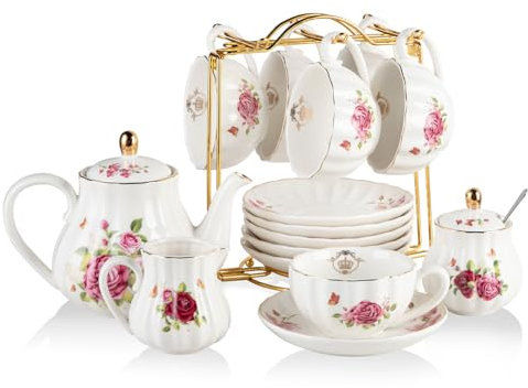 Sweejar Home Set da tè in porcellana British Royal Series, tazze e piattino, servizio per 6 persone, con teiera, brocca, cucchiaini e colino, adatto per tè alto (fiore rosso)
