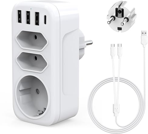 Hoembpn Steckdosenleiste 3-Fach + 4 USB (3X USB-A + 1x USB-C) 16A 4000W – Kompakt Mehrfachsteckdose mit Schuko & 2 EU-Dosen, Multi USB Kabel, Doppelstecker für Haushalt, Büro, Reise