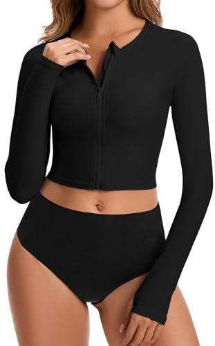 WOWENY Schwimmshirt UV Shirt Damen Langarm Wasser Badeshirt Damen Surf Rash Guard mit Reißverschluss Crop Top Zip-Schwarz L