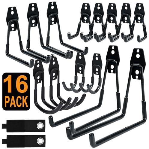 16 packs d'organisateurs de crochets muraux pour garage pour cordes haute performance pour garage, porte-tubes et organisation - design durable et peu encombrant pour usage domestique, garage et