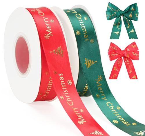 G2PLUS 2 Rotoli Nastri Natalizi：25mm Nastro Rosso e Verde di 25 Yards Stampa a Caldo Albero di Natale in Poliestere,Per Decorazioni Regalo,Natale,Matrimonio e Battesimo