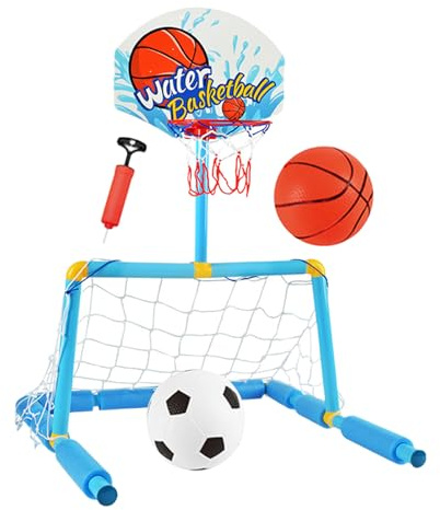 kaiop Portería De Baloncesto para Piscina,Portería De Fútbol 2 En 1 para Piscina | Juego de Baloncesto Acuático Interactivo con 2 Pelotas y Bomba para Niños 4+, Adultos, Jardín, Familia, Viaje,