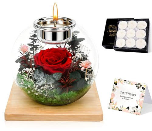 Rosa eterna in vetro, regali per donne, fiori conservati all'infinito per donne, mamma, fidanzata, contenitore rotondo in vetro con 18 candele profumate, regalo per Natale, festa della mamma, San
