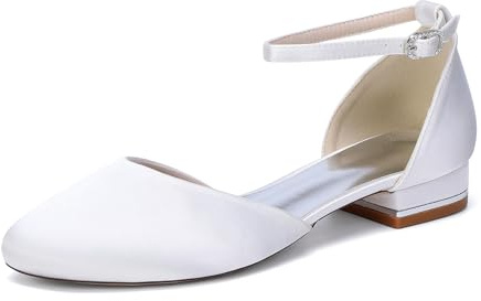 Yhsdfcn Ballerine Mary Jane in Raso Bianco Donna, Scarpe da Sposa a Punta Tonda con Cinturino alla Caviglia e Taglio D'Orsay, Eleganti Scarpe Basse da Cerimonia,Bianca,38 EU