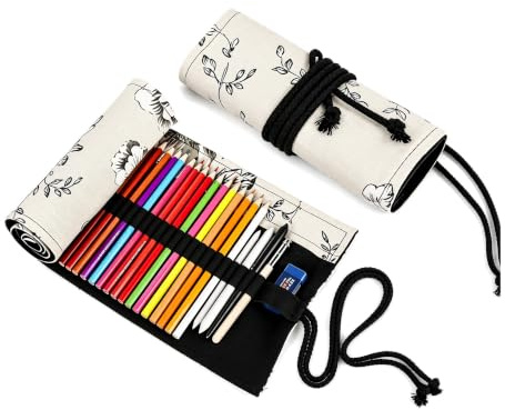Trousse Crayon Tapis Porte-Stylos en Toile 36 Trous 46x20cm pour stylos | Motif pivoine noire style japonais, rangement multi-trous pour crayons, stylos et stylo-plume usage scolaire
