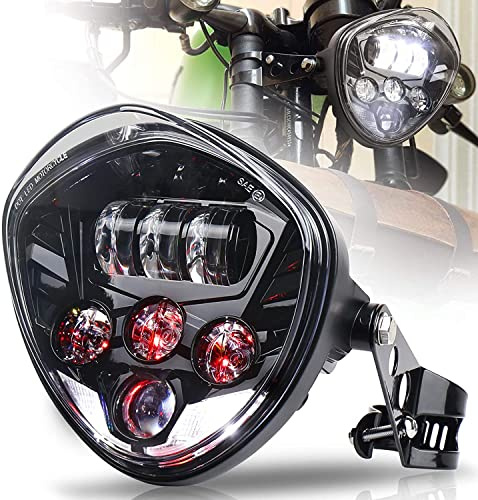MOVOTOR Motorcycle Headlight 7inch with Bracket Clamp Red Background White DRL Hi/Low Beam for Universal Motorcycle Honda Yamaha Triumph Cafe Racer