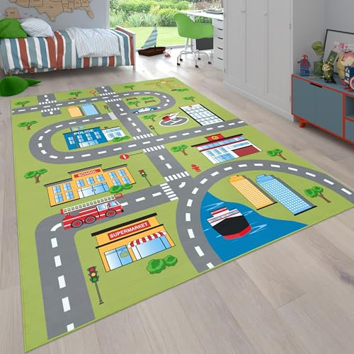 Paco Home Tappeto da gioco per la camera dei bambini, con design di strade e auto, in verde, Dimensione:120x160 cm