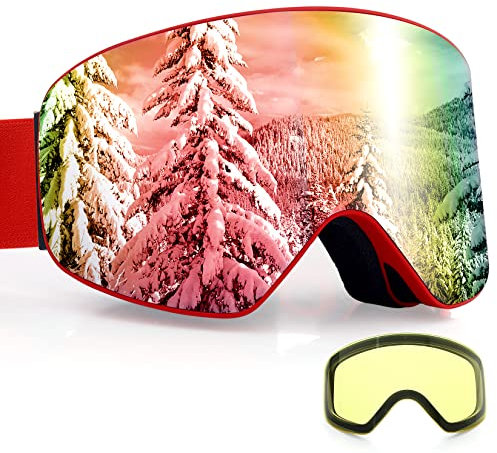 Dizokizo Skibrille Abnehmbare Linse,Antibeschlag und UV-Schutz,Dreifach Atmungsaktive Schaumstoffe & Geprägter Riemen für Damen, Herren, Jugend