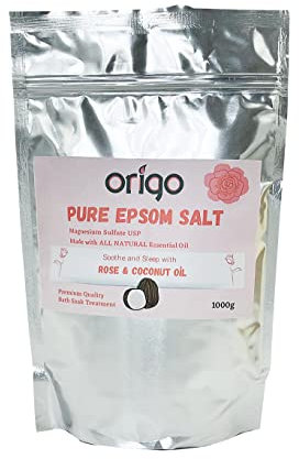 Origo Pure Epsom Salt with Rose Oil (rosa damascena) and Coconut Oil 1KG Best for Good Sleep and Raising Your Body Frequency - Stress Relief - Beauty - Relaxing - Body Care