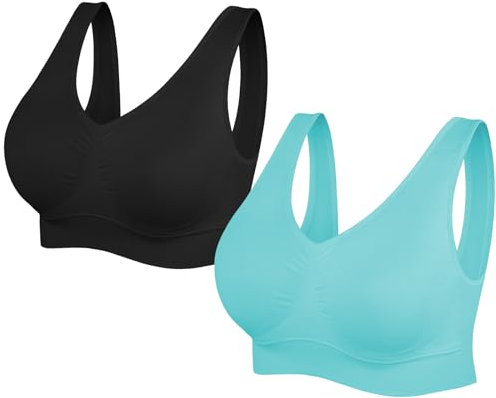 SIMIYA Super Comfort Bra, Womens Sports Bras Removable Pads Plus Size Sleep Bras for Girls in Yoga Bralette Leisure Stretch Crop Tops Vest (L, 2 Pack Black+Blue)