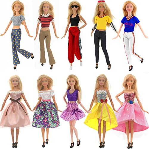 10 Stück Kleidung und Zubehör Kompatibel mit Barbie Puppen, 5 Freizeitbekleidung Kleidung ( Tops, Hosen ) 5 Kleider für 11,5 Zoll Mädchen Puppen Mädchen