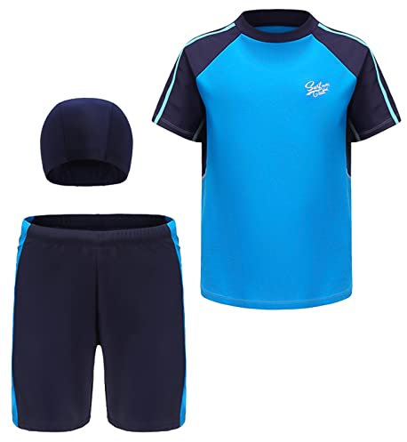 SEAUR Kinder Jungen Badeanzug UV Schutz Rash Guard Kurzarm 3 Teilig Badeset mit Badekappe Schwimmshirt Badehose - 5XL(140-146)